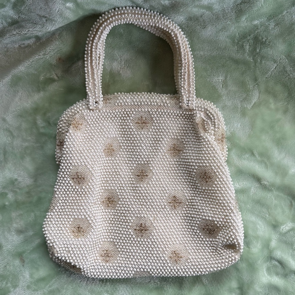 Vintage 1950s Ivory Corde Bead by Lumured Floral Clutch Retro Evening Handbag